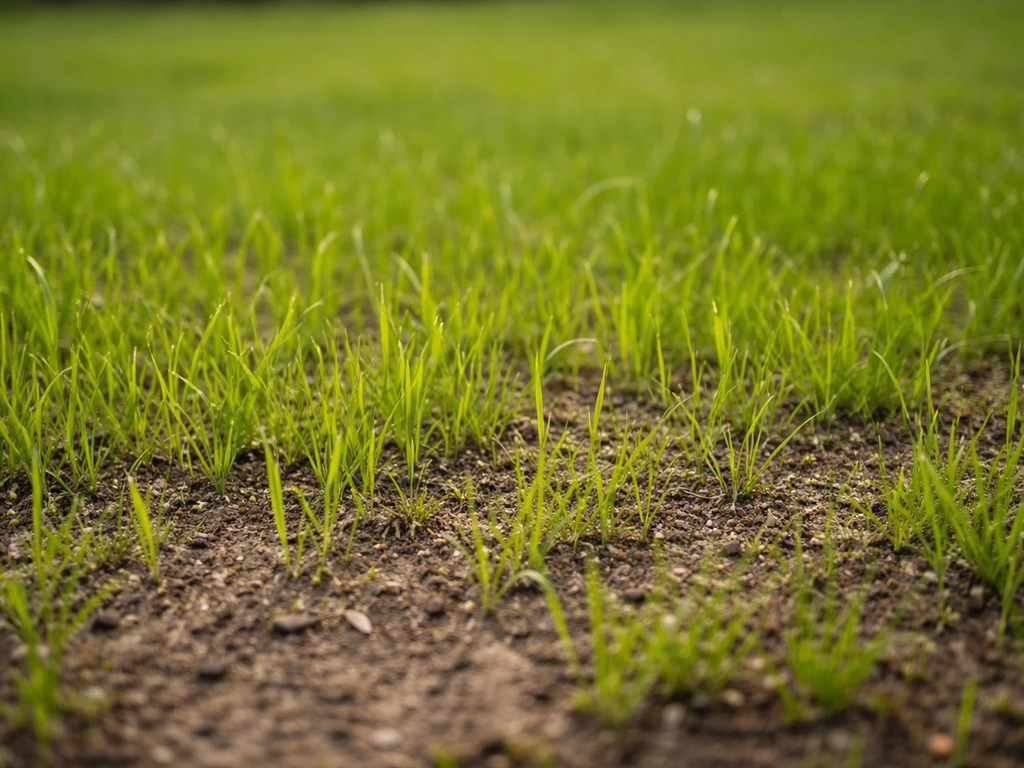Jeunes pousses de ray-grass dans une zone récemment semée, avec quelques brins plus établis.
