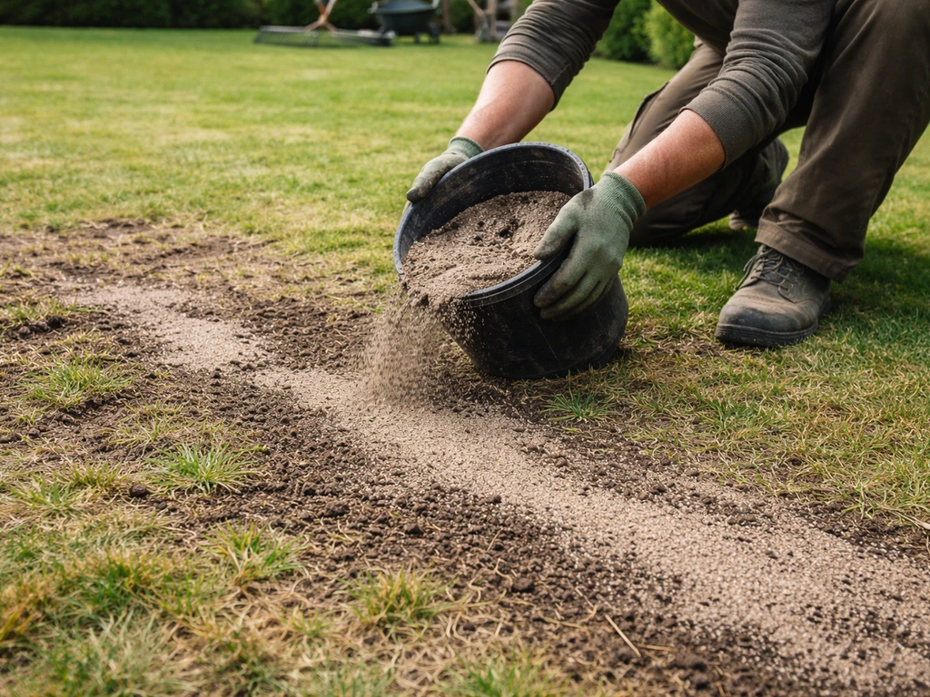 Zones dégarnies de pelouse après scarification : sable fin et terre végétale répandus par des mains anonymes.