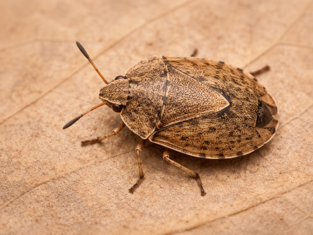 Gros plan macro d’une punaise de céréales beige-brun, corps ovale aplati et écusson dorsal arrondi.