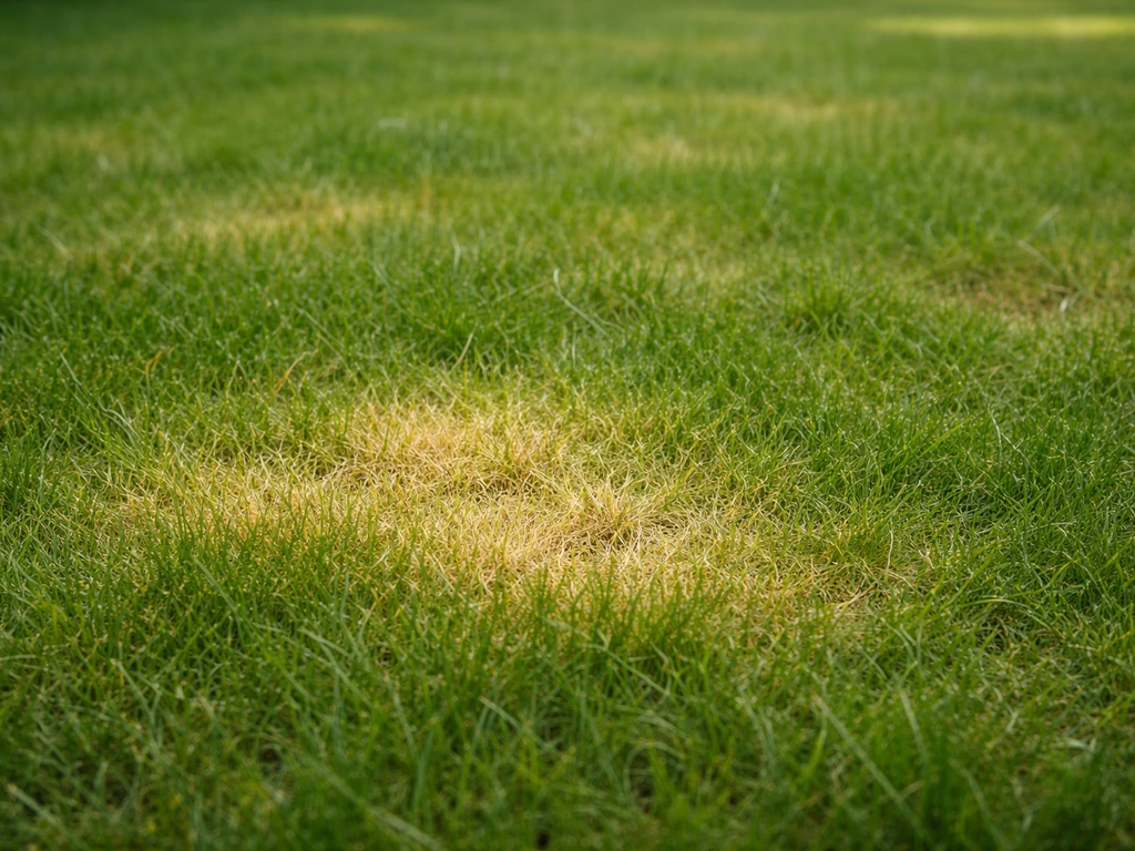 Gazon avec zones jaunies en plages diffuses, brins d’herbe abîmés, gros plan en lumière naturelle.