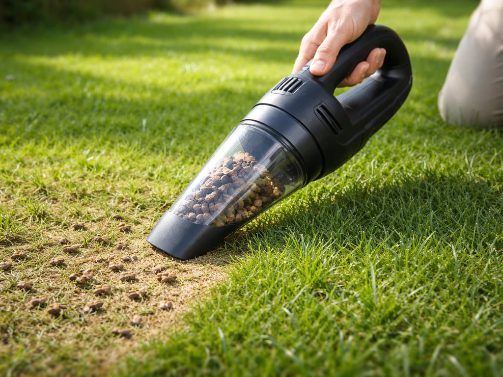 Des mains utilisent un aspirateur à main pour aspirer des punaises sur une petite portion de pelouse, avec collecte visi