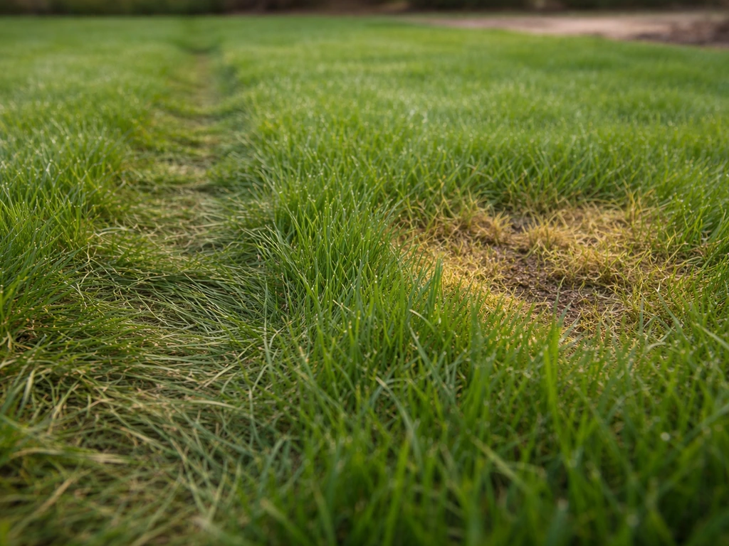 Gros plan d’une pelouse avec brins écrasés par une trajectoire répétée et une zone jaunie après urine
