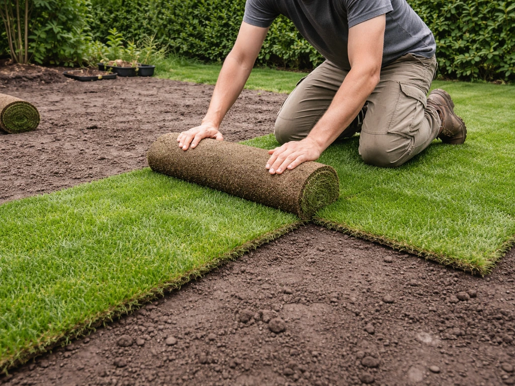 Déroulage de rouleaux de gazon au jardin, joints bien fermés, pelouse fraîche et sol humide.