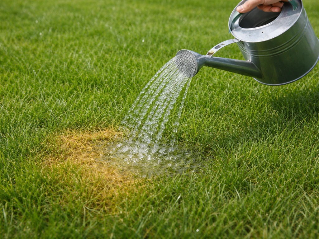 Arrosoir jetant de l’eau pour rincer une zone d’herbe après une urine de chien, gros plan.