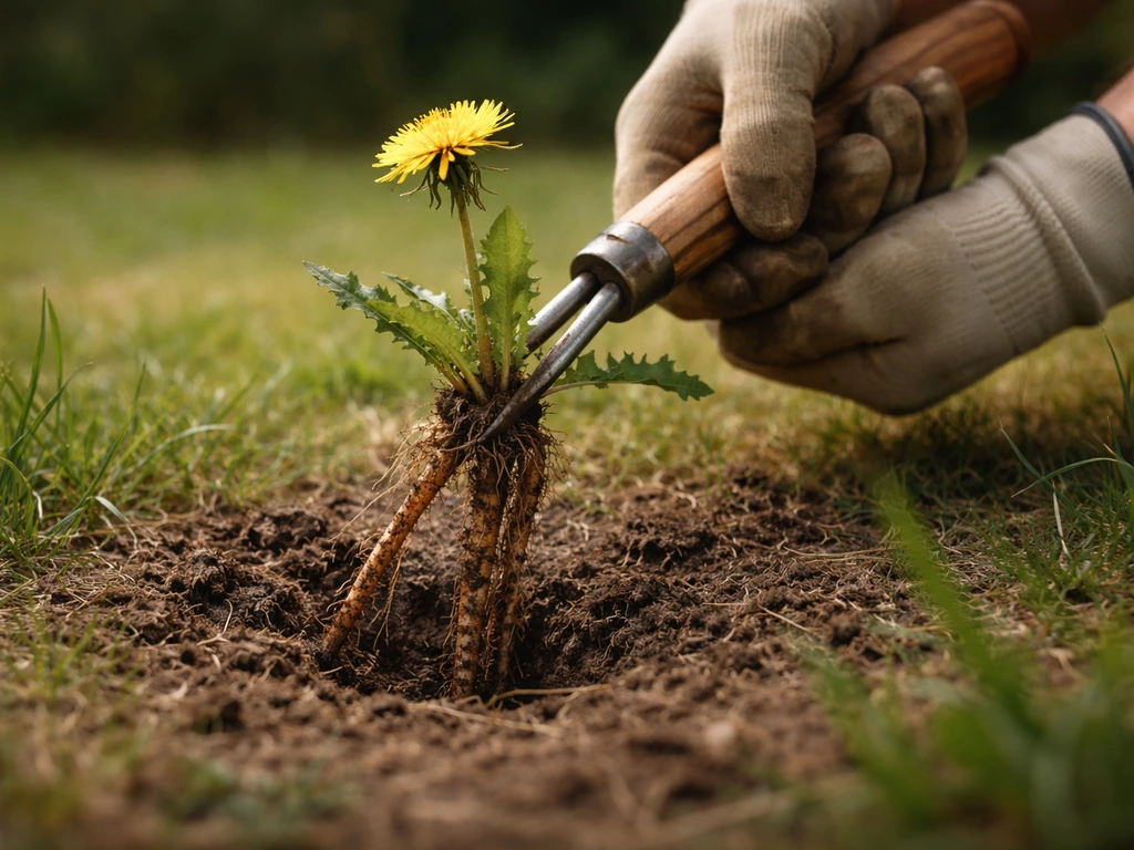 Jardinier en train d’extraire un pissenlit à la main avec une gouge, racine pivotante intacte.