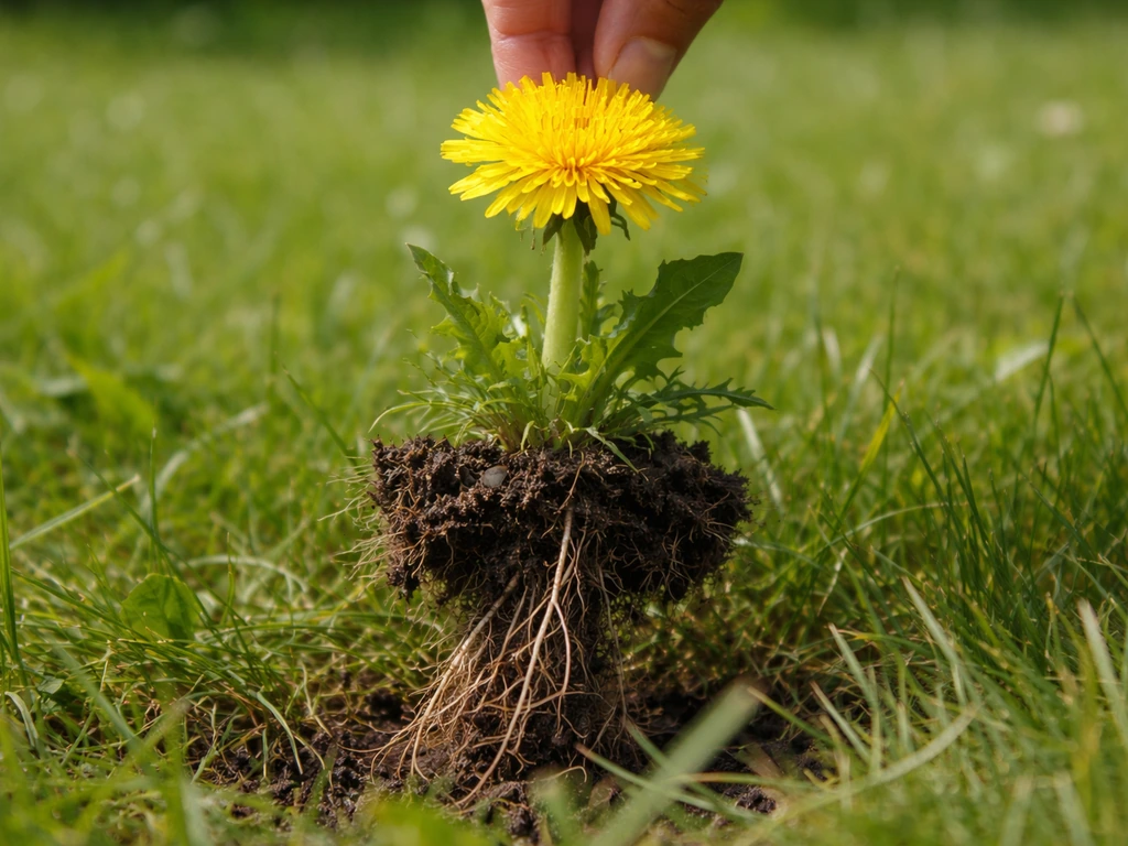Pissenlit jaune en fleurs arraché de la pelouse, fleur au premier plan avec terre et racines visibles.