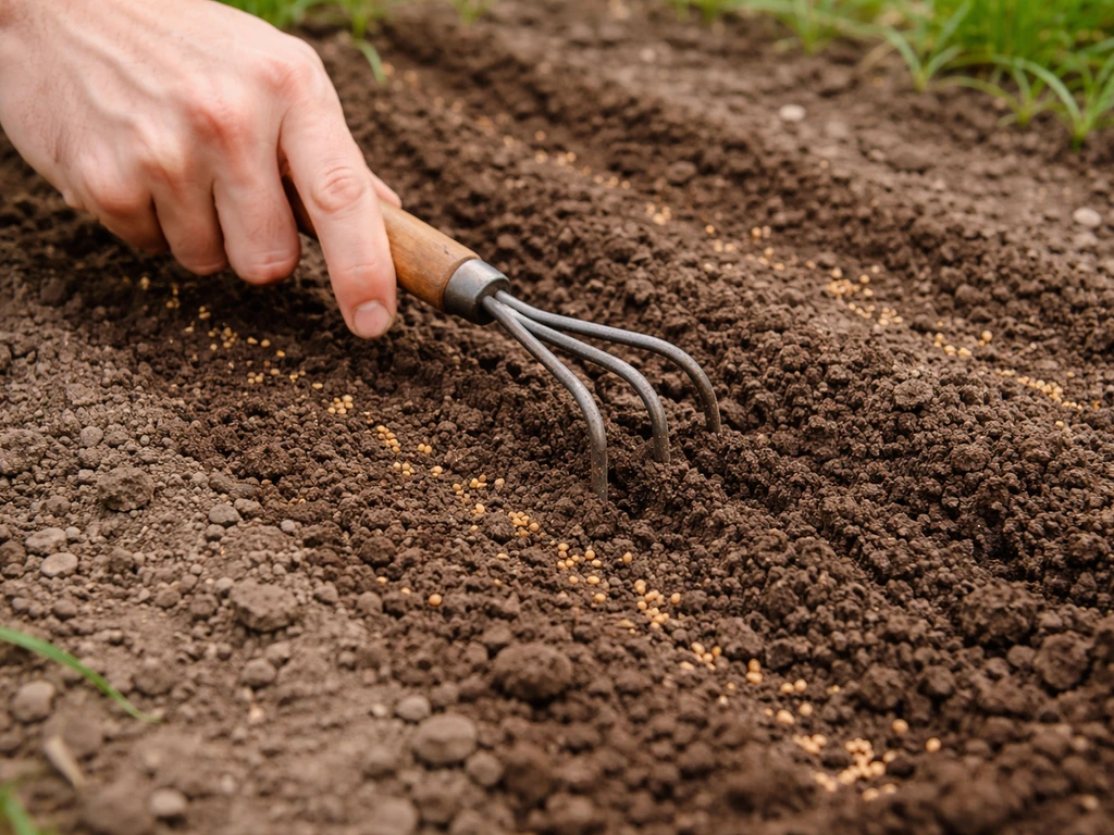 Main qui griffent légèrement une bande de terre dénudée, avec des graines déposées pour le sursemis.