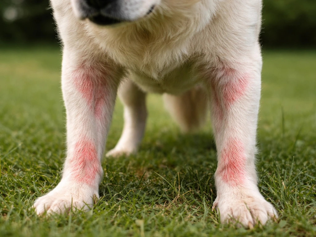 Gros plan d’un chien montrant des rougeurs et des zones de grattage sur pattes et bas-ventre près de l’herbe.