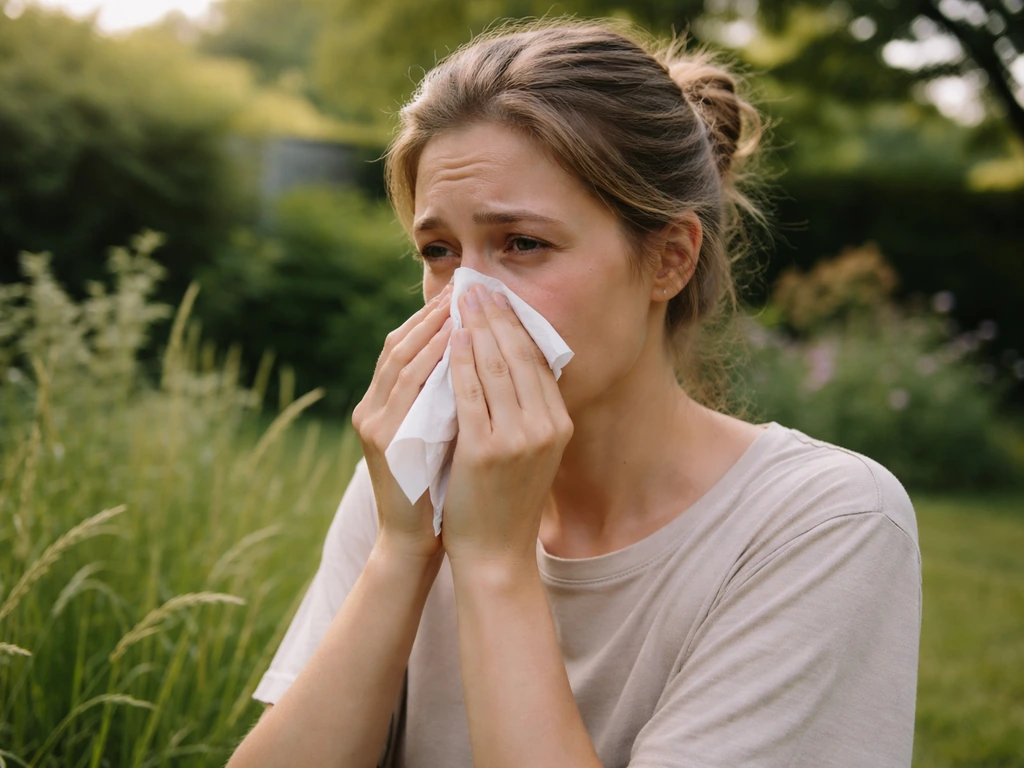 Personne dans un jardin, près d’herbe haute, se mouchant les yeux irrités, ambiance légère et naturelle.