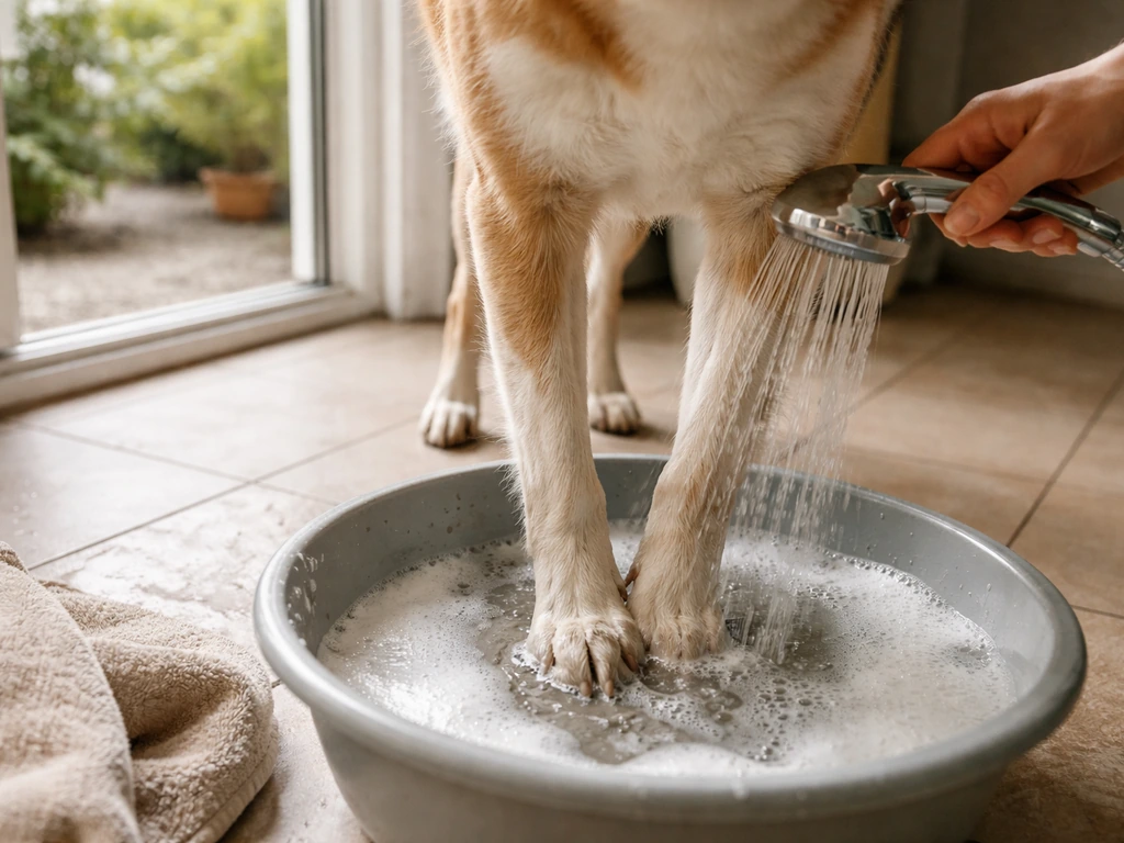 Chien au-dessus d’une bassine d’eau, pattes rincées après une sortie au jardin, intérieur lumineux et minimal.