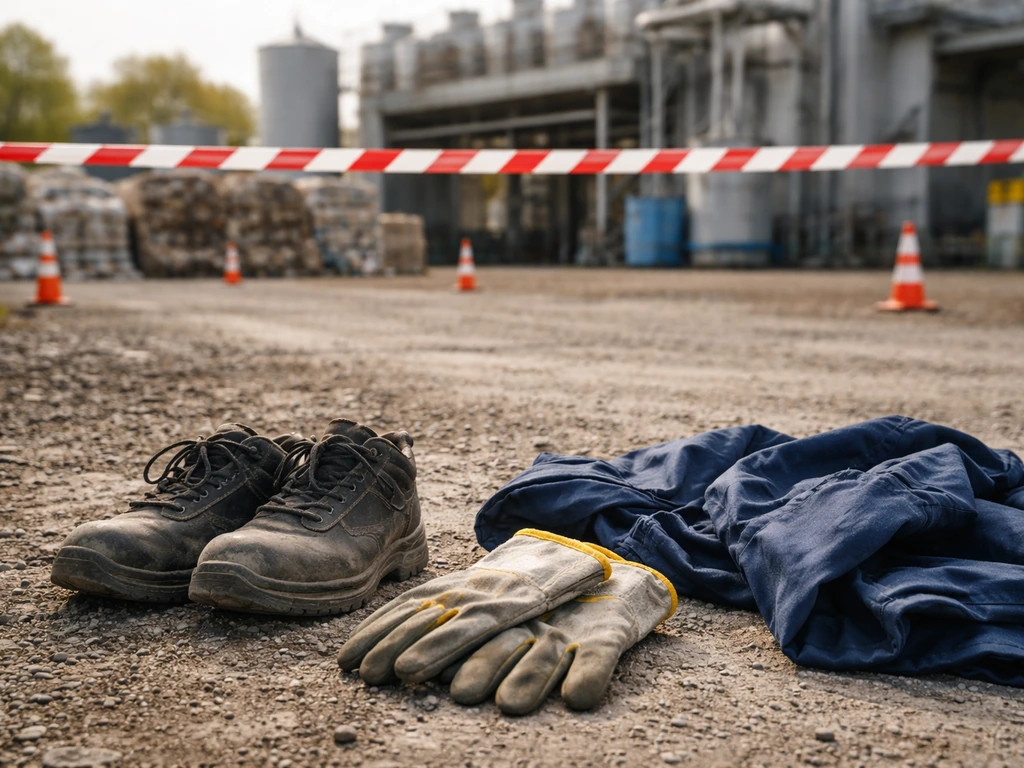 Gants et chaussures de sécurité près d’un périmètre rubalisé, zone à ne pas toucher sur un site déchets.