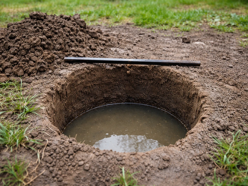 Trou circulaire de 30 cm rempli d’eau, niveau visible et eau qui s’infiltre dans le sol
