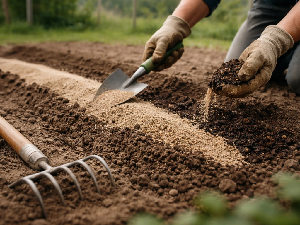 Épandage de sable et de compost sur une terre de jardin, puis incorporation superficielle à la griffe.