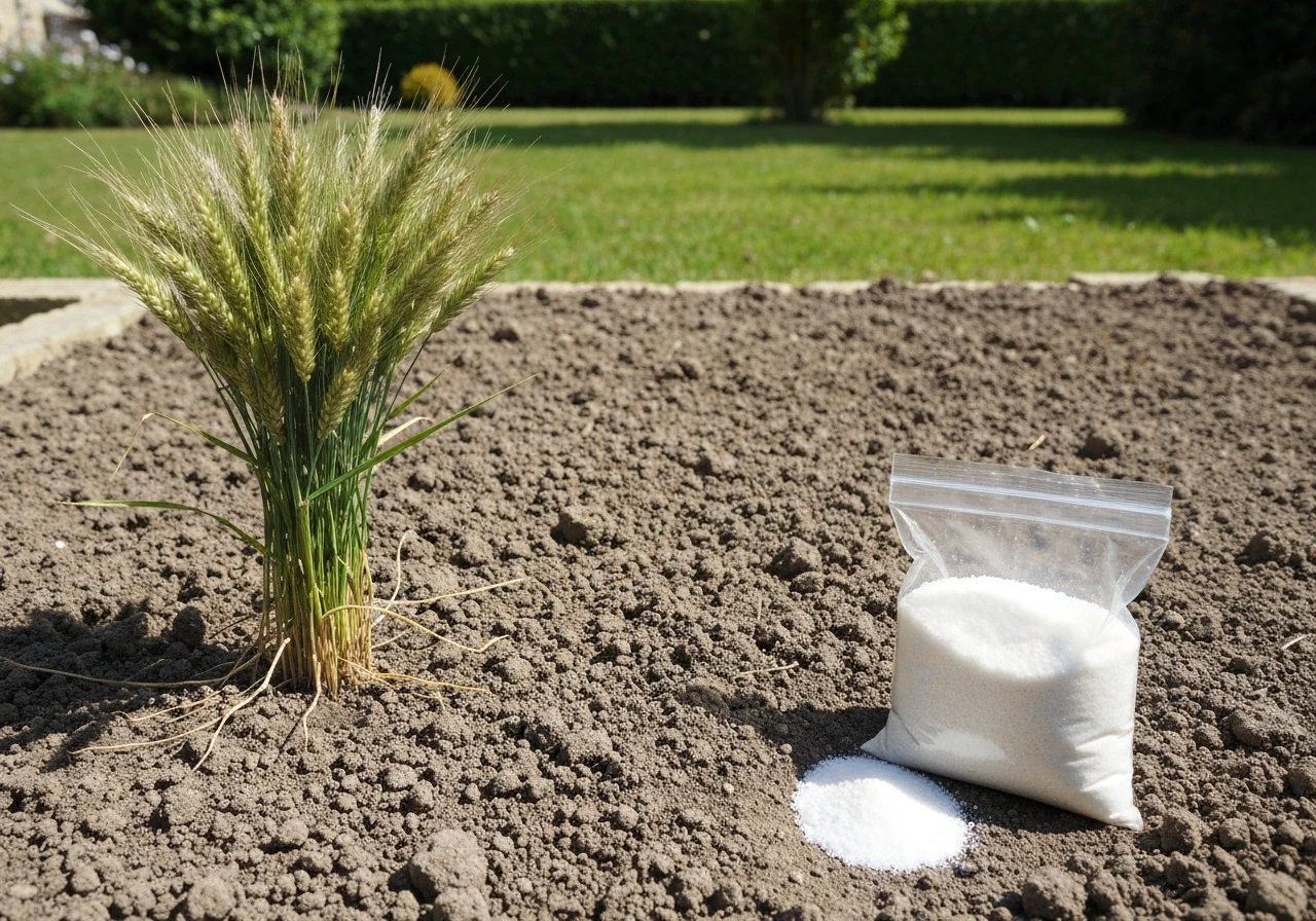 Pelouse jaunie au sol avec un petit tas de chaux près des brins d’herbe, pour illustrer un pH trop bas.