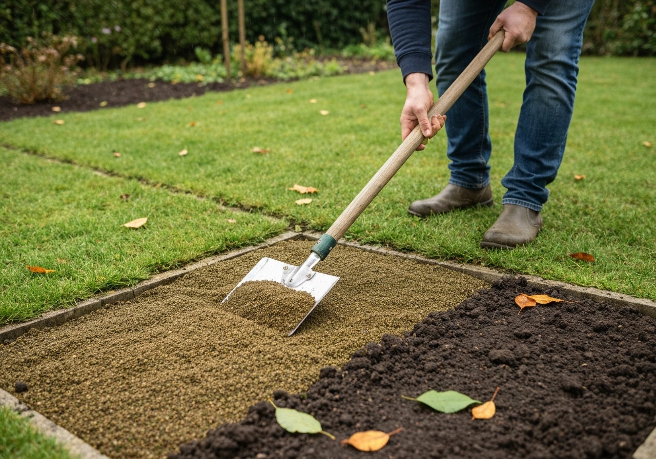 Épandage sur pelouse humide avec un épandeur à granulés, jardin de printemps/automne en lumière naturelle.