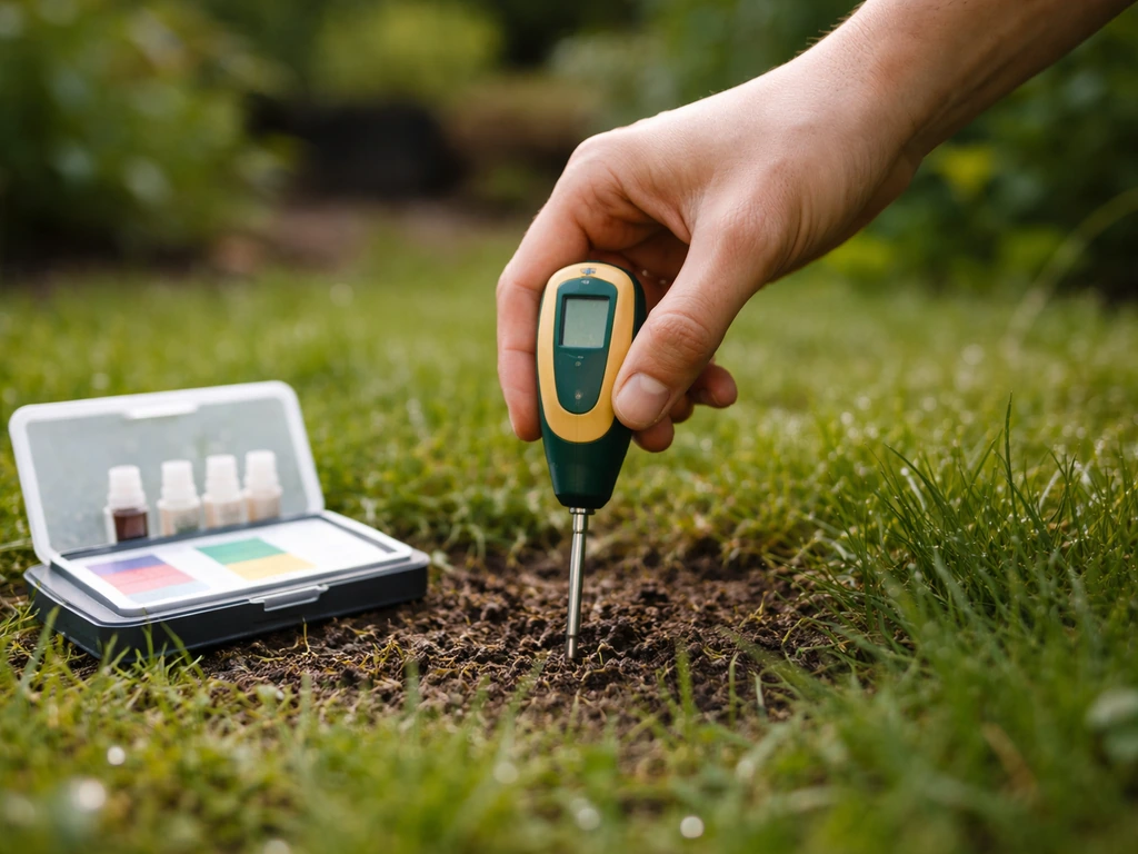 Kit de mesure de pH du sol avec sonde et carnet utilisés sur une pelouse, avant chaulage.