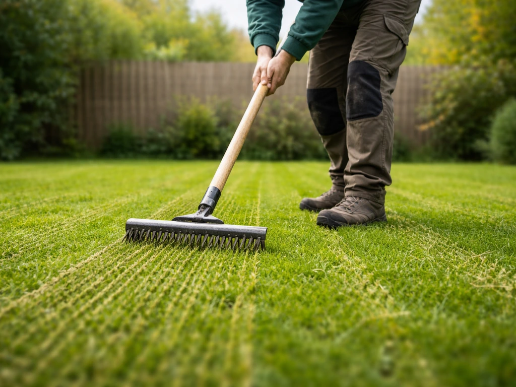 Gazon scarifié légèrement avec un petit outil, lignes fines prêtes pour l’épandage.