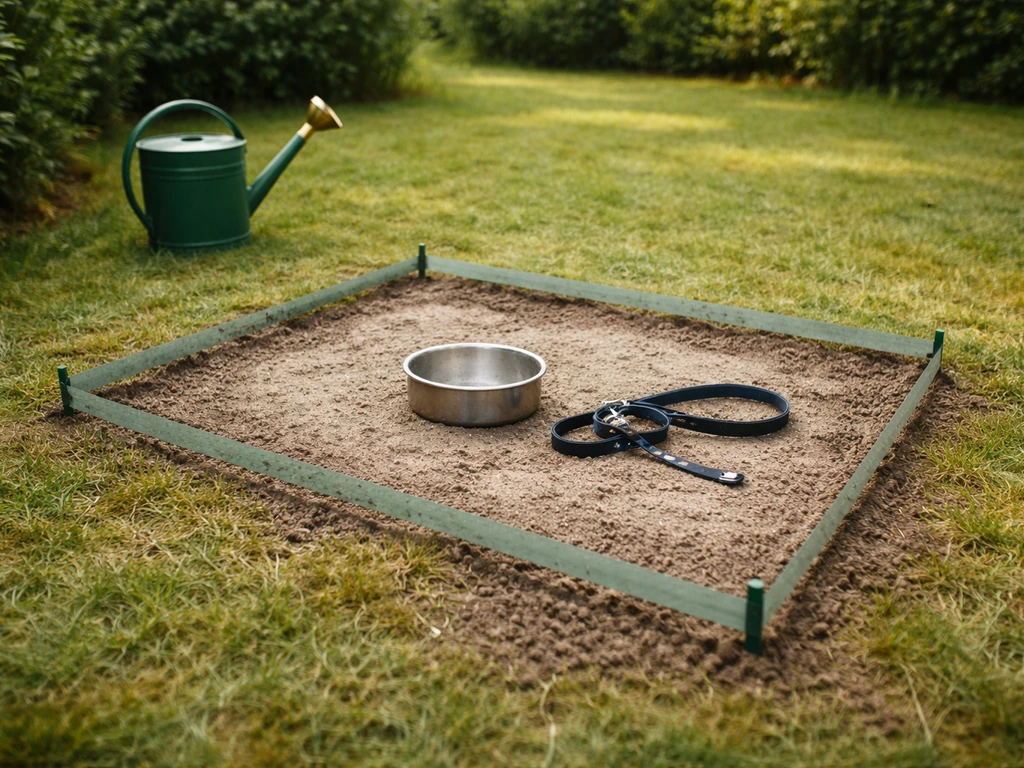 Sol de jardin délimité et arrosoir, symbolisant une zone à respecter avant le retour des animaux.