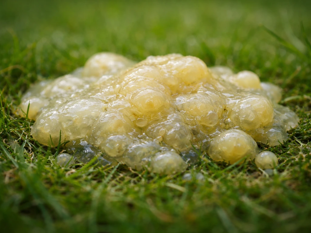 Gros plan d’un plasmode visqueux de myxomycète sur l’herbe, avec de petites masses en transformation.