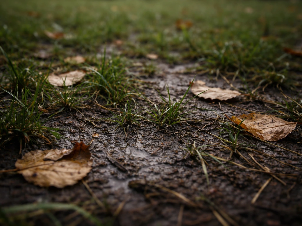 Gazon humide près de feuilles mortes en décomposition, sol sombre et légèrement luisant après la pluie.