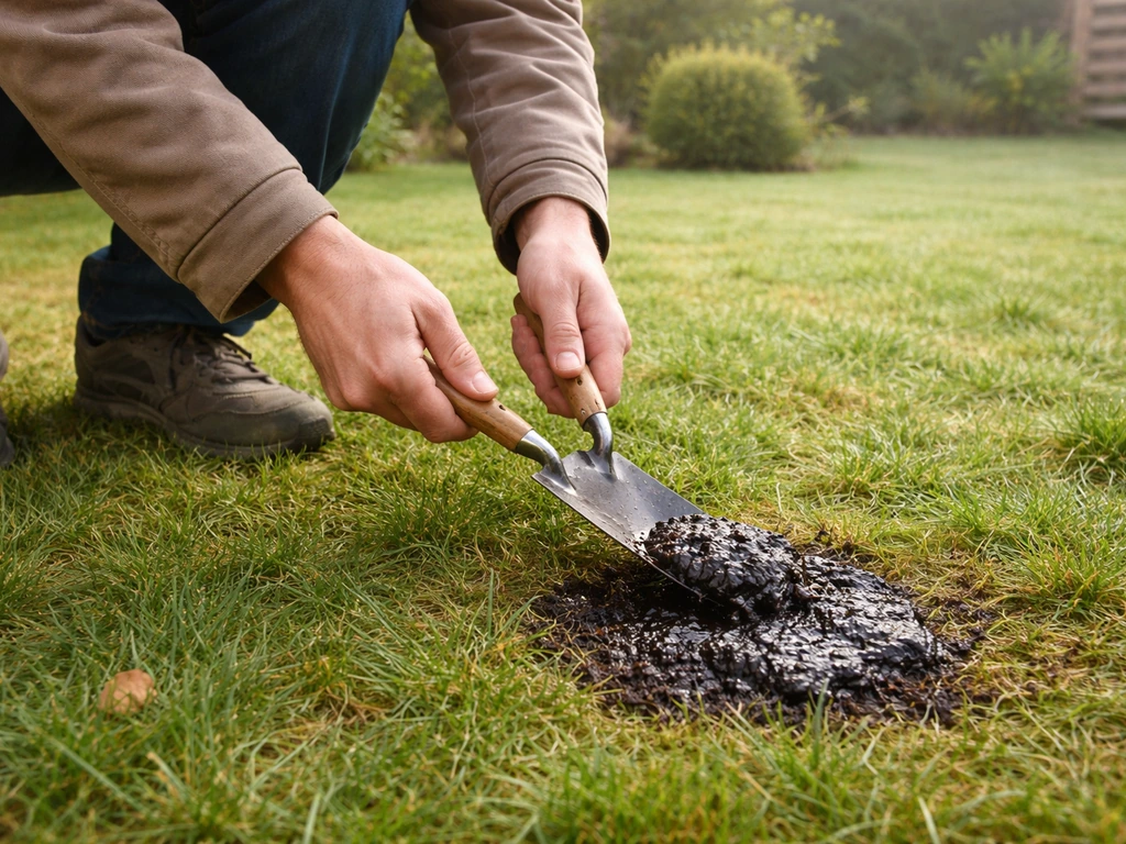 Intervention sur une tache de myxomycète au jardin : une main avec une spatule retire délicatement sans piétiner.