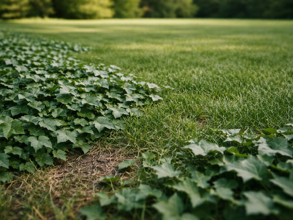 Gazon en partie envahi par du lierre rampant, montrant la frontière entre lierre et herbe.