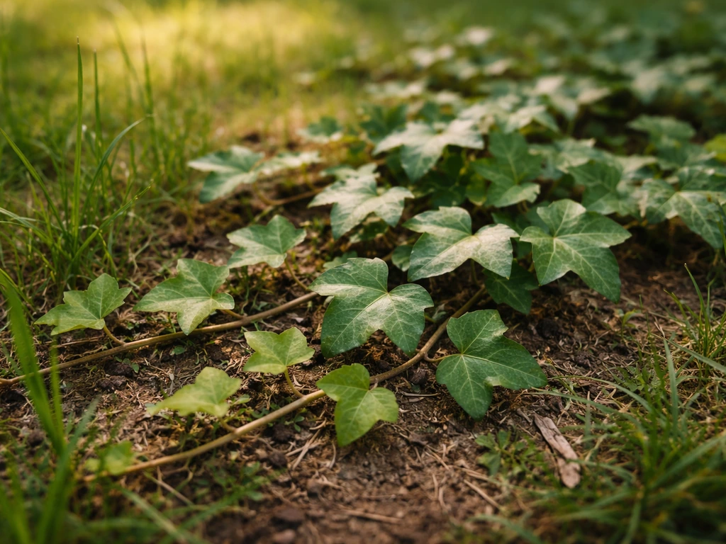 Lierre rampant aux feuilles lobées au ras du sol, dans une pelouse clairsemée.