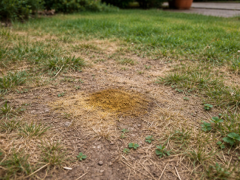 Tache brun-jaunâtre sur le sol et herbe clairsemée par piétinement dans un coin de jardin
