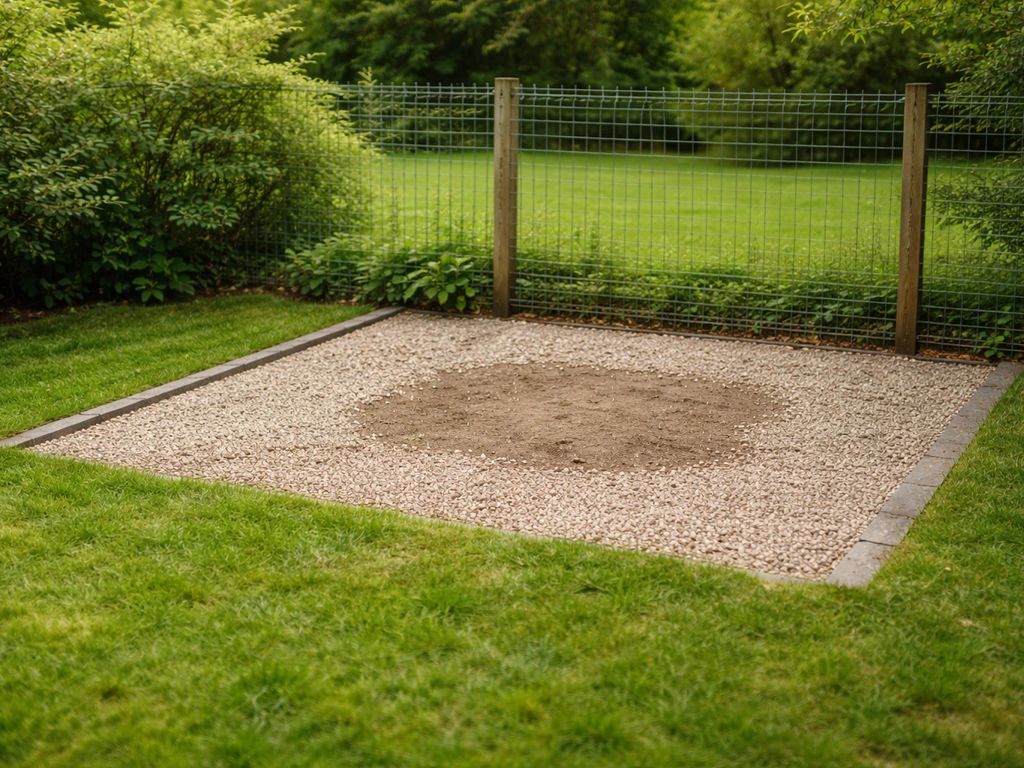 Jardin : espace sanitaire délimité en gravier drainant, bordure nette face au gazon, ambiance naturelle.