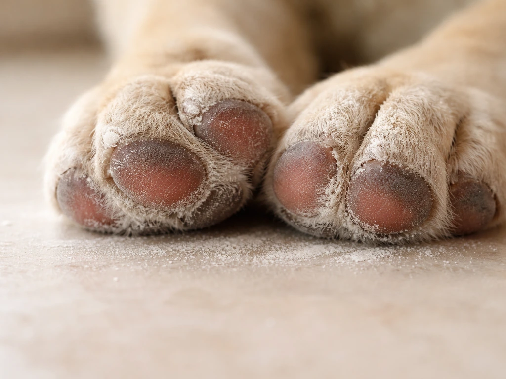 Gros plan sur des coussinets de chien au contact de fines particules blanchâtres, ambiance de risque d’irritation.