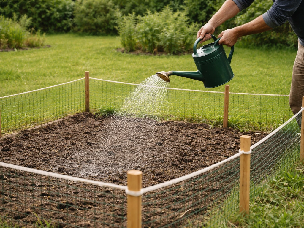 Jardin avec clôture provisoire autour de la zone traitée et arrosage fin au jet, prêt à empêcher l’accès des animaux.