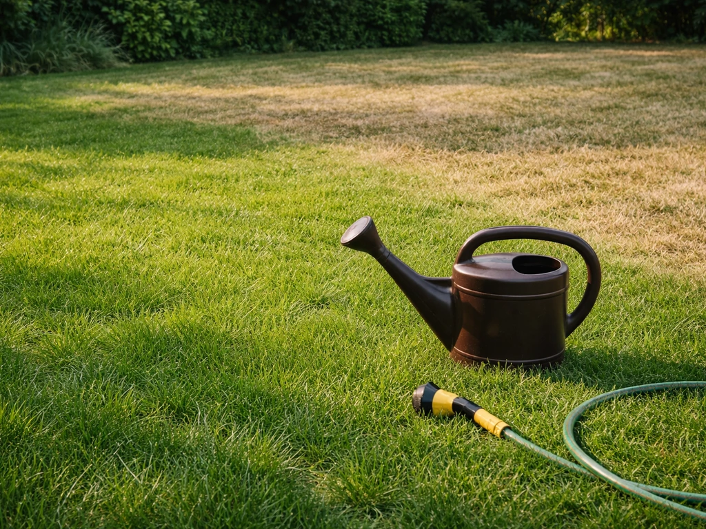 Pelouse d’été très verte près d’un arrosoir, avec une bande plus sèche au bord pour illustrer le contraste.
