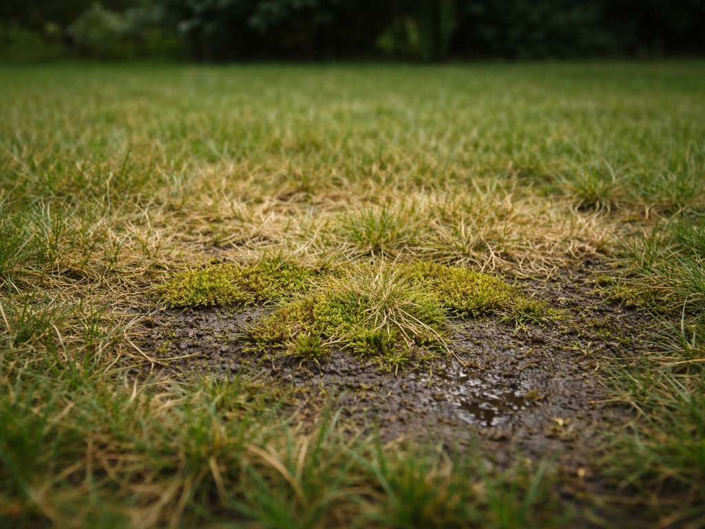 Pelouse jaunie en plein été avec mousse visible et sol sombre, compacté et trop humide.