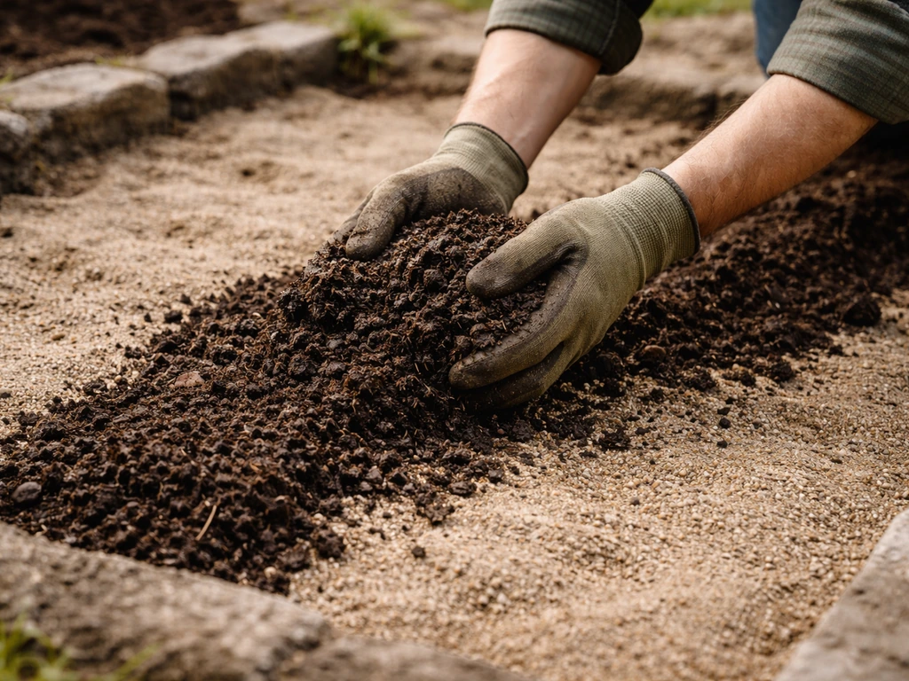 Jardinier anonyme qui étale du compost sur un sol sableux pour améliorer le drainage.