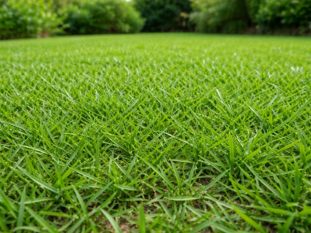 Pelouse dense et vert caraïbe d’un gazon haïtien au ras du sol dans un jardin en France.