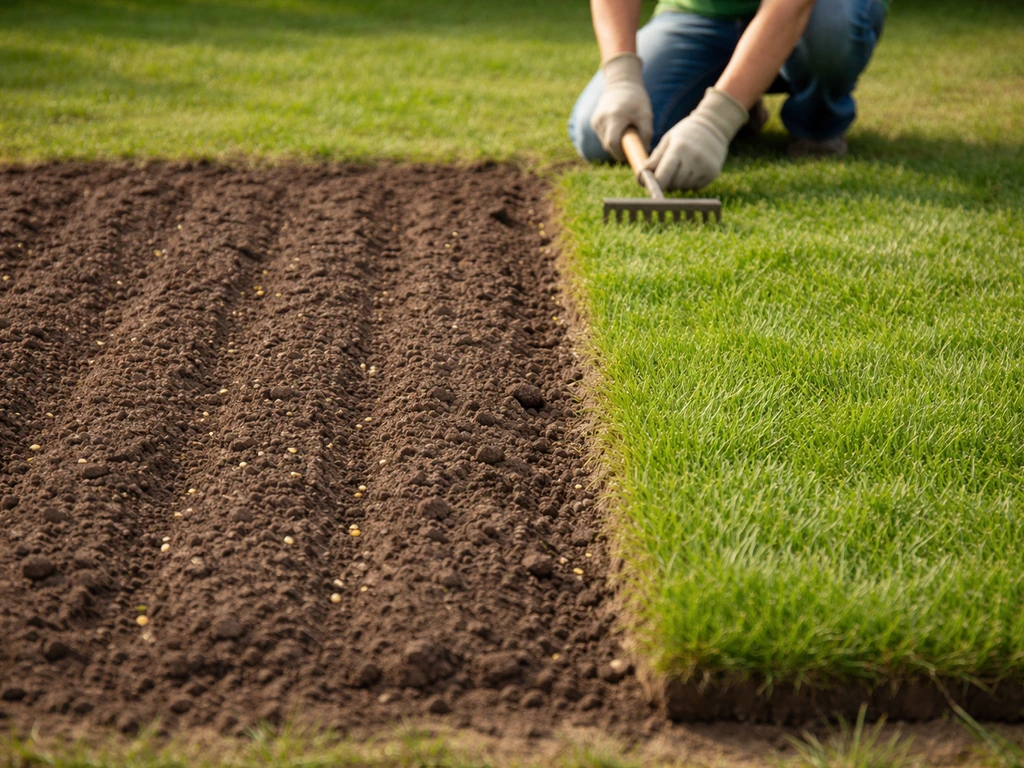 Petit jardin : zones de semis et bande de gazon en rouleau, sols prêts pour planter fin juin.