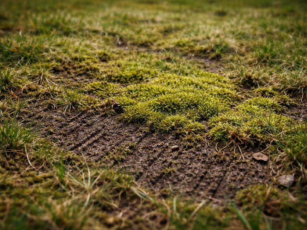 Gazon envahi de mousse, sol sombre et compacté avec traces de scarification avant aération.