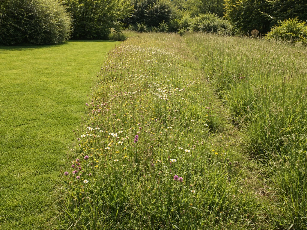 Trois bandes de prairie : gazonnante dense, prairie fleurie avec fleurs, et prairie permanente plus haute et dense.