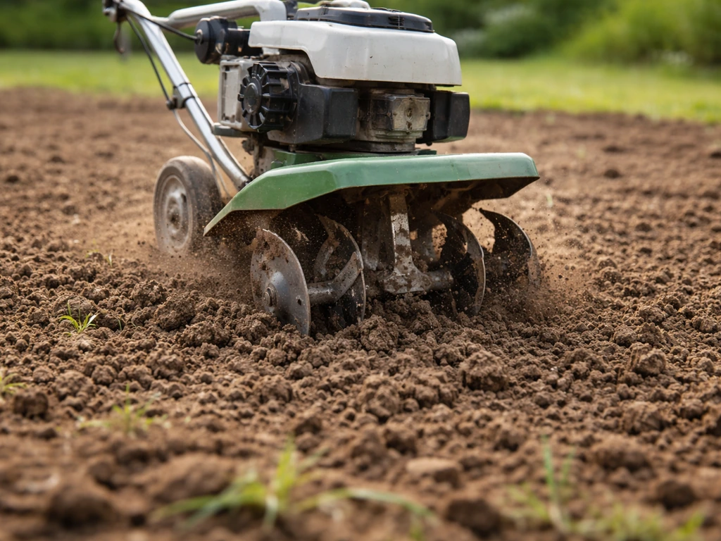 Sol émietté après faux-semis, outil de jardin en action sur une parcelle prête à être semée.