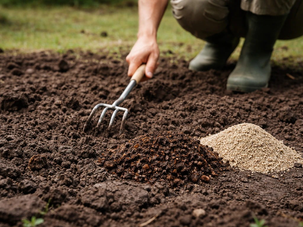 Jardinier en train d’incorporer du sable grossier ou du compost dans la terre pour améliorer le drainage.