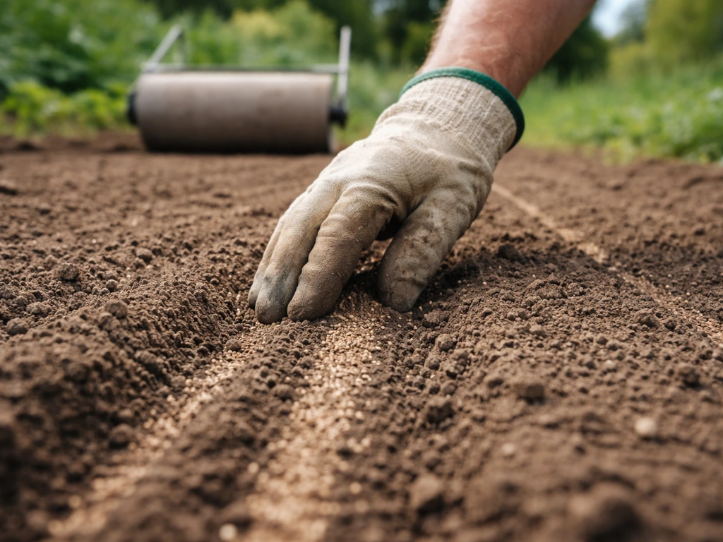 Semis d’une prairie : raies de graines au sol, roulage léger en arrière-plan avec un rouleau.