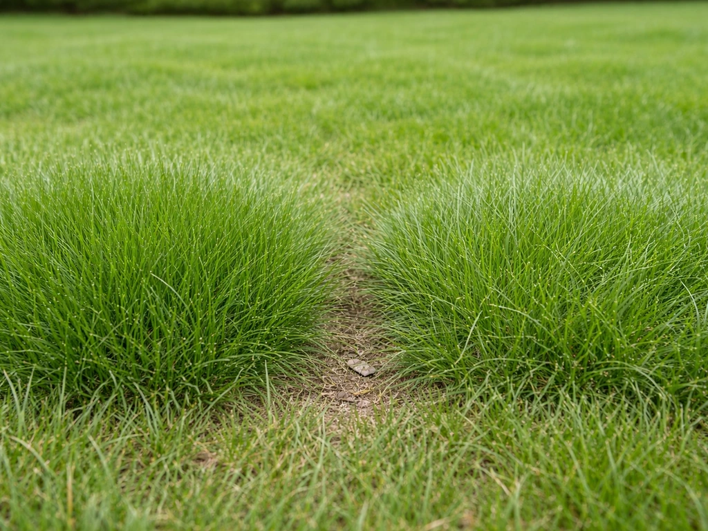 Deux zones de pelouse rase côte à côte montrant des textures de fétuque différentes, en lumière naturelle.