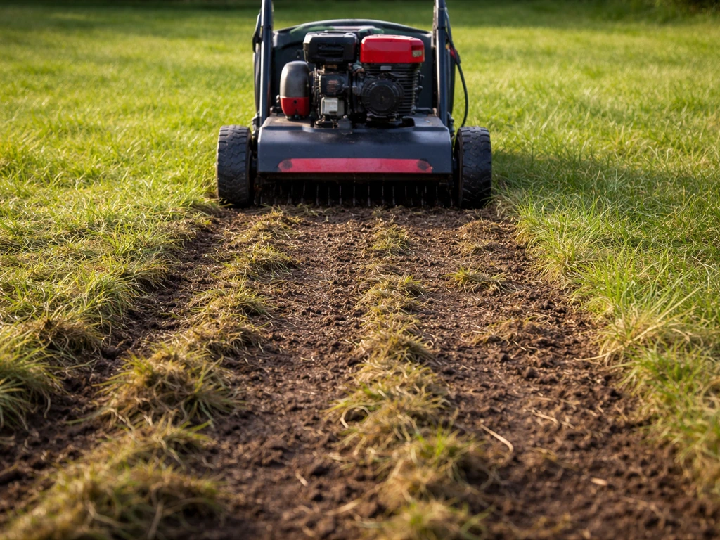 Scarificateur en action sur une pelouse : le sol est visible, prêt à être nivelé et tassé léger.