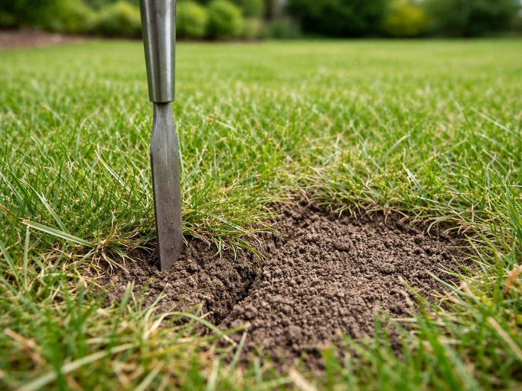 Lame d’un couteau ou tournevis enfoncée dans la pelouse, montrant un sol plus ou moins compact.