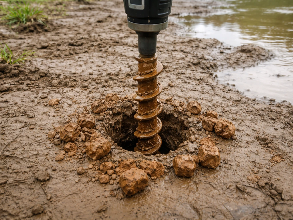 Carotteuse en action sur un sol argileux humide, laissant des mini-mottes de terre autour du trou.
