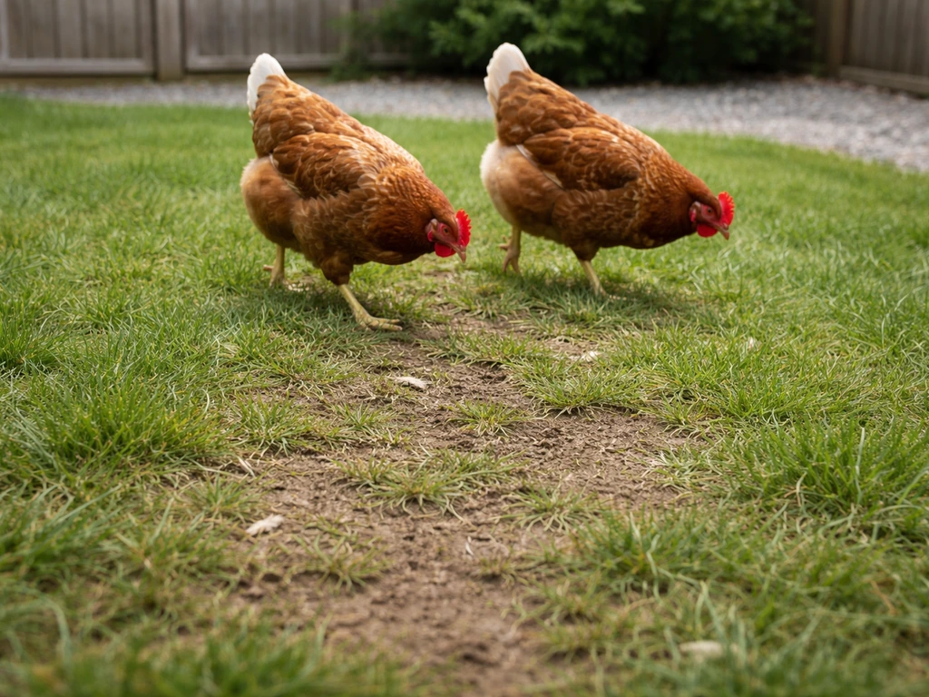Des poules sur un petit gazon, sol compacté avec des traces nettes de piétinement.