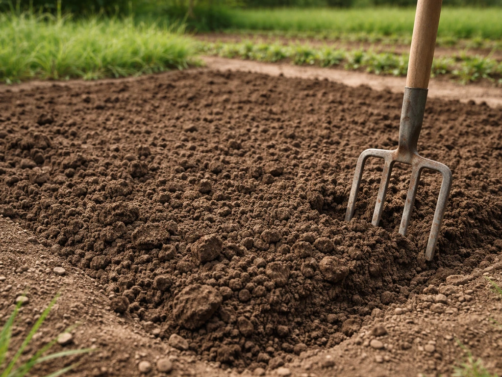 Sol fraîchement décompacté, terre émiettée sur 15–20 cm, prête pour le semis dans un petit jardin.