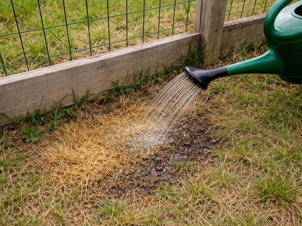 Pelouse jaunie brûlée par déjections, arrosage en cours pour diluer juste après, herbe encore verte autour.