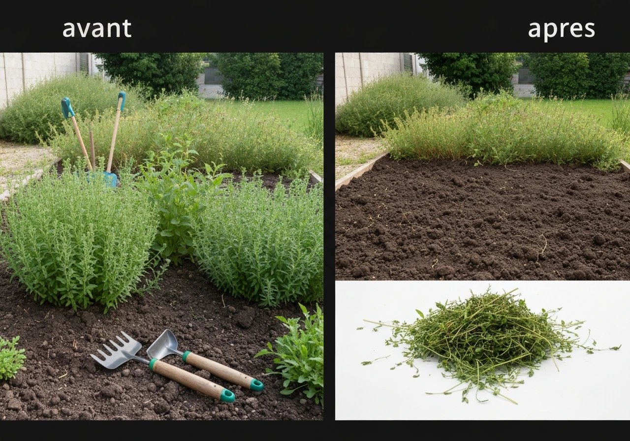 Jardin avant/après : sol nu après débroussaillage, prêt pour poser le gazon