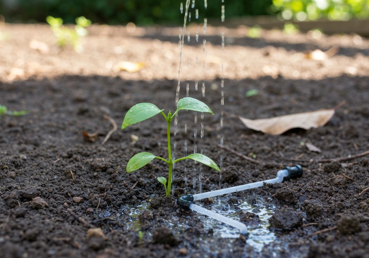 Arrosage au goutte-à-goutte sur un jeune plant, sol humide mais non détrempé
